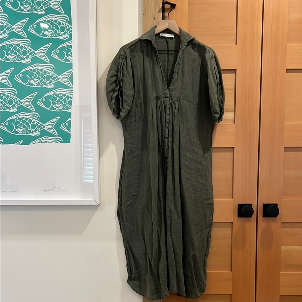 Zara Khaki Green Linen Button-Up Dress